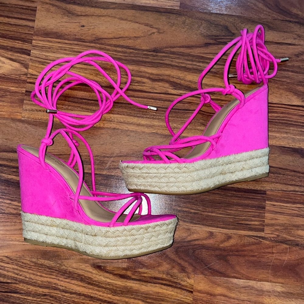 Hot pink lace up wedges